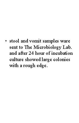  • stool and vomit samples ware sent to The Microbiology Lab. and after