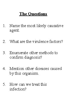 The Questions 1. Name the most likely causative agent. 2. What are the virulence