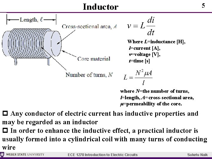 Inductor 5 Where L=inductance [H], i=current [A], v=voltage [V], t=time [s] where N=the number