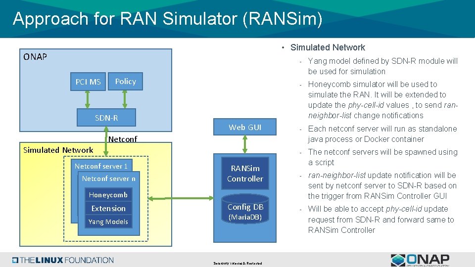 Approach for RAN Simulator (RANSim) • Simulated Network ONAP PCI MS - Yang model Approach for RAN Simulator (RANSim) • Simulated Network ONAP PCI MS - Yang model