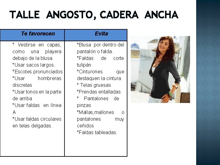 TALLE ANGOSTO, CADERA ANCHA Te favorecen Evita * Vestirse en capas, como una playera