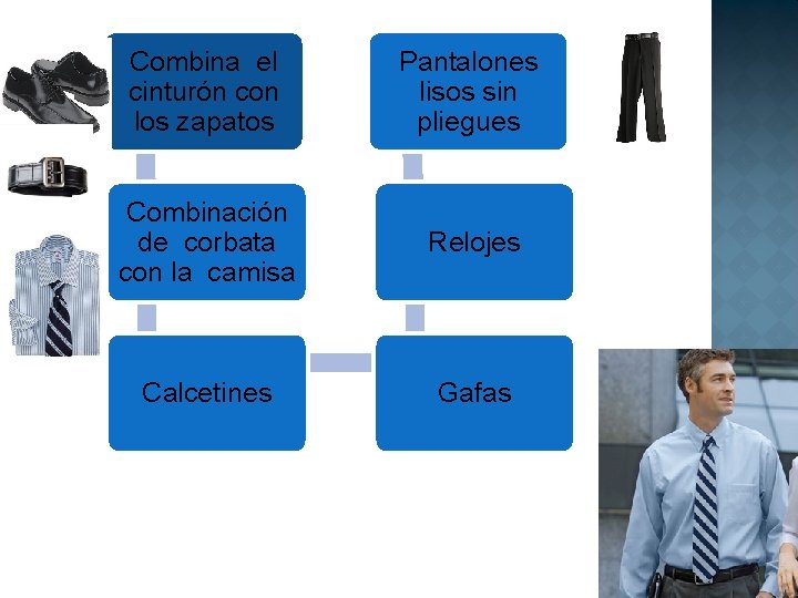 Combina el cinturón con los zapatos Pantalones lisos sin pliegues Combinación de corbata con
