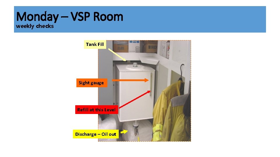 Monday – VSP Room weekly checks Tank Fill Sight gauge Refill at this Level