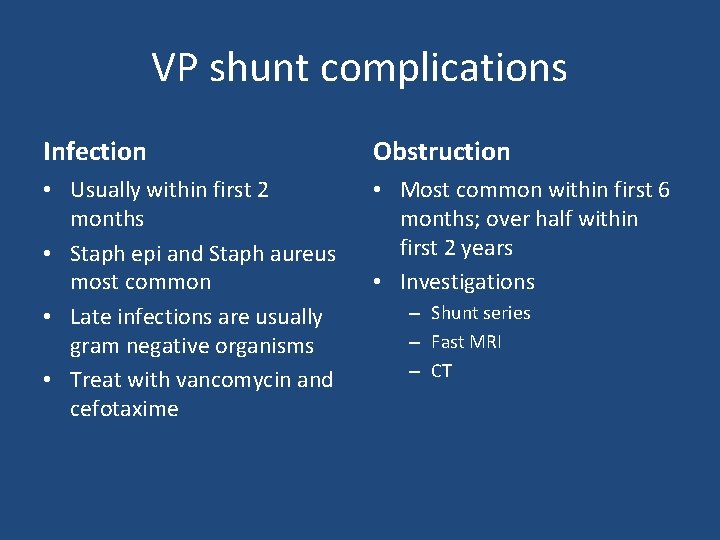 VP shunt complications Infection Obstruction • Usually within first 2 months • Staph epi VP shunt complications Infection Obstruction • Usually within first 2 months • Staph epi