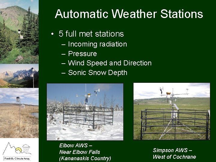 Automatic Weather Stations • 5 full met stations – – Incoming radiation Pressure Wind