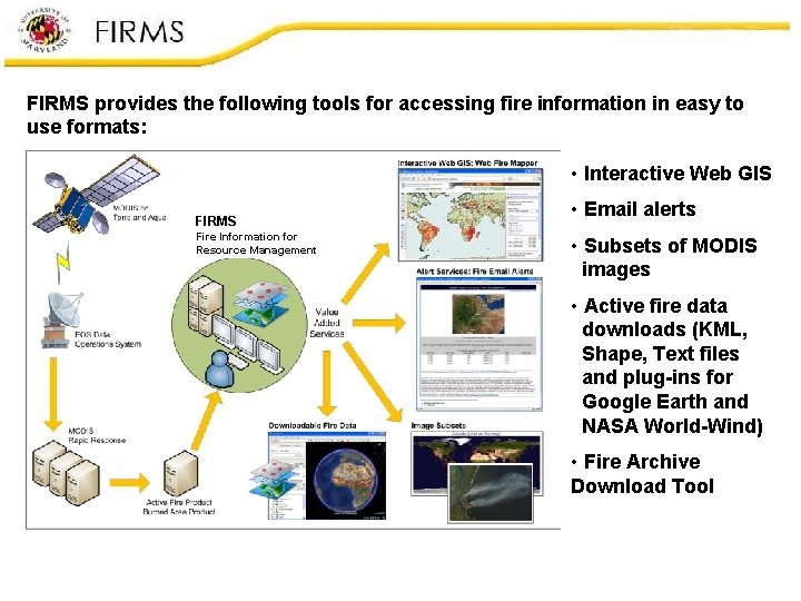 FIRMS provides the following tools for accessing fire information in easy to use formats: