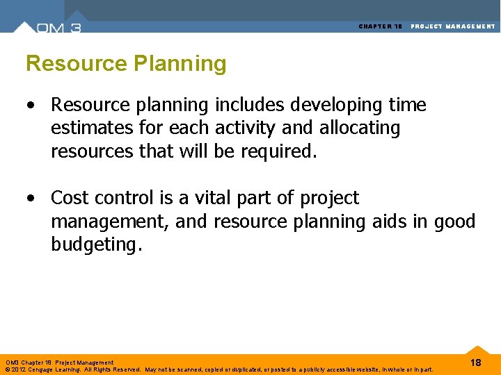CHAPTER 18 PROJECT MANAGEMENT Resource Planning • Resource planning includes developing time estimates for CHAPTER 18 PROJECT MANAGEMENT Resource Planning • Resource planning includes developing time estimates for