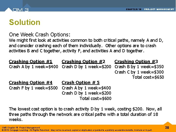 CHAPTER 18 PROJECT MANAGEMENT Solution One Week Crash Options: We might first look at CHAPTER 18 PROJECT MANAGEMENT Solution One Week Crash Options: We might first look at