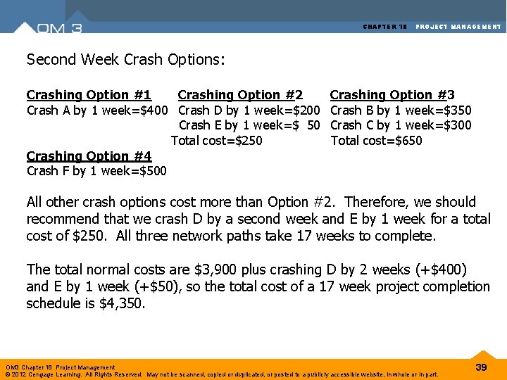 CHAPTER 18 PROJECT MANAGEMENT Second Week Crash Options: Crashing Option #1 Crashing Option #2 CHAPTER 18 PROJECT MANAGEMENT Second Week Crash Options: Crashing Option #1 Crashing Option #2