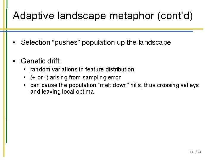 Adaptive landscape metaphor (cont’d) • Selection “pushes” population up the landscape • Genetic drift: