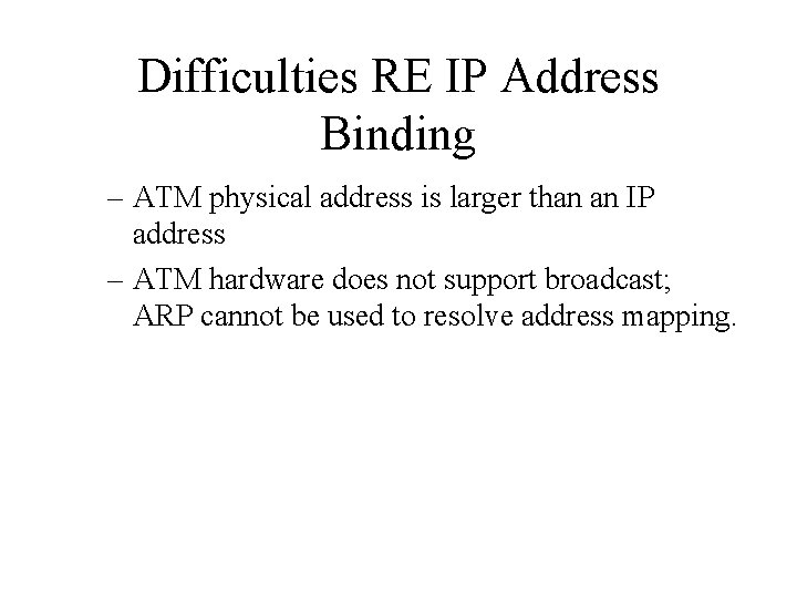 Difficulties RE IP Address Binding – ATM physical address is larger than an IP