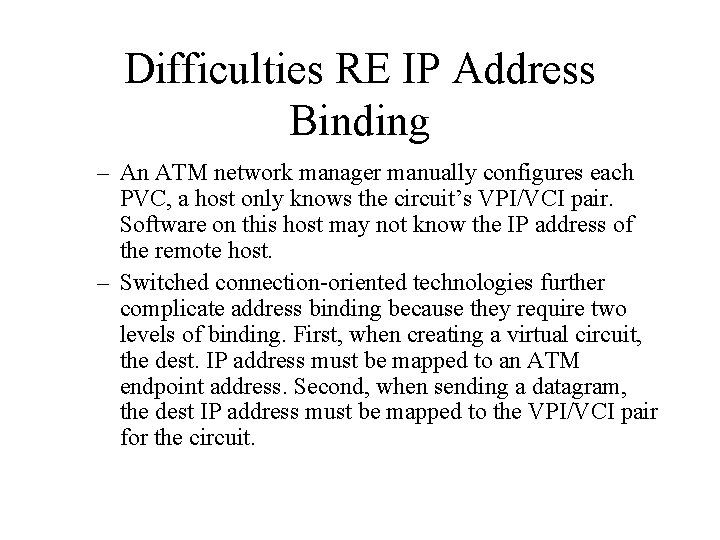 Difficulties RE IP Address Binding – An ATM network manager manually configures each PVC,