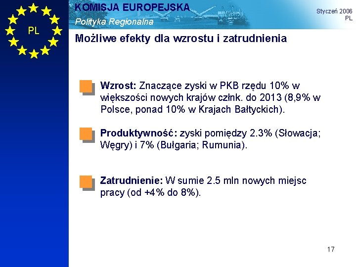 KOMISJA EUROPEJSKA PL Polityka Regionalna Styczeń 2006 PL Możliwe efekty dla wzrostu i zatrudnienia