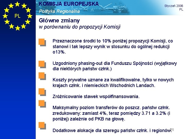 KOMISJA EUROPEJSKA PL Polityka Regionalna Styczeń 2006 PL Główne zmiany w porównaniu do propozycji
