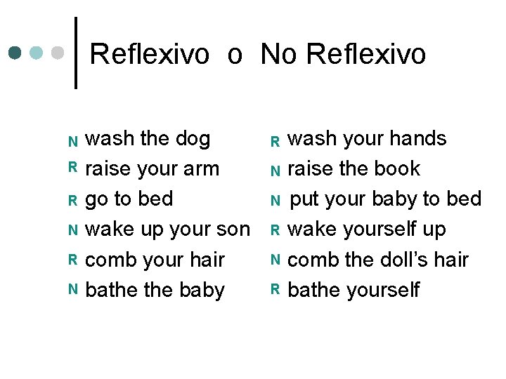 Reflexivo o No Reflexivo N R R N wash the dog raise your arm