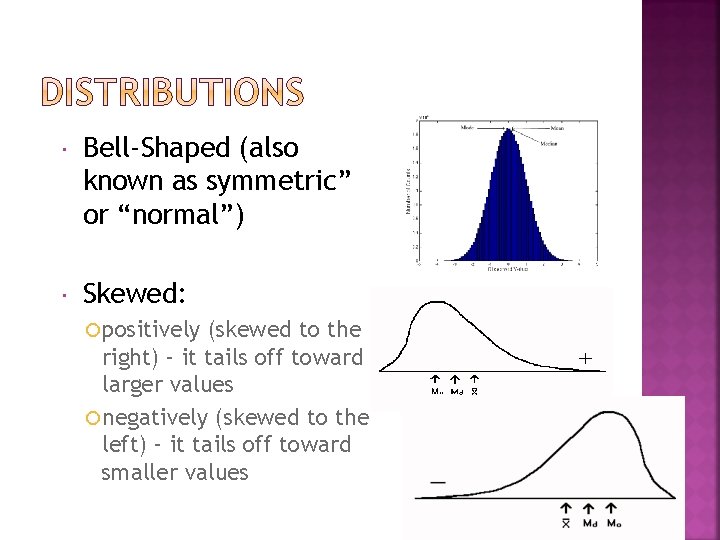  Bell-Shaped (also known as symmetric” or “normal”) Skewed: positively (skewed to the right)