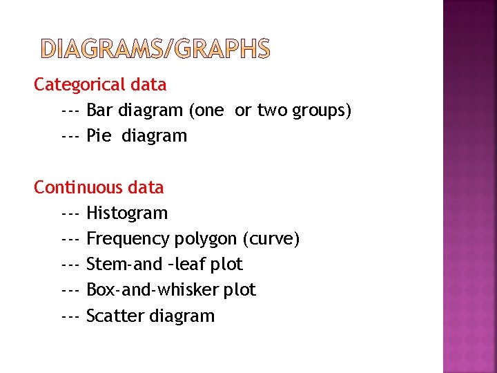 Categorical data --- Bar diagram (one or two groups) --- Pie diagram Continuous data