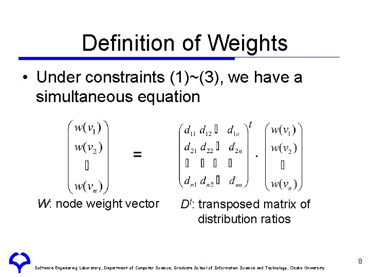 Definition of Weights • Under constraints (1)~(3), we have a simultaneous equation = W: