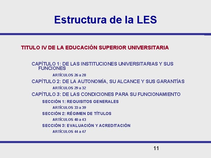 Estructura de la LES TITULO IV DE LA EDUCACIÓN SUPERIOR UNIVERSITARIA CAPÍTULO 1: DE