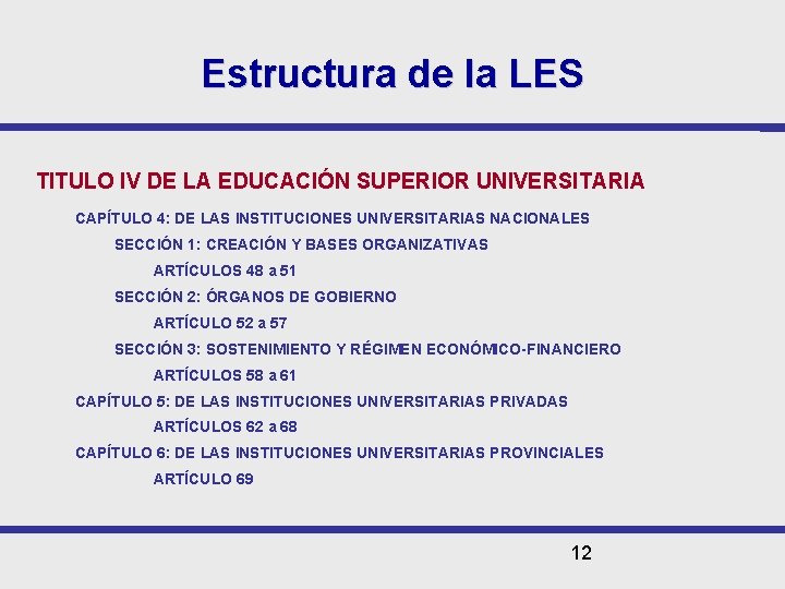 Estructura de la LES TITULO IV DE LA EDUCACIÓN SUPERIOR UNIVERSITARIA CAPÍTULO 4: DE