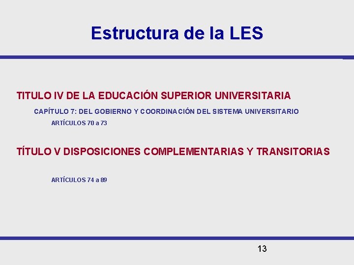 Estructura de la LES TITULO IV DE LA EDUCACIÓN SUPERIOR UNIVERSITARIA CAPÍTULO 7: DEL