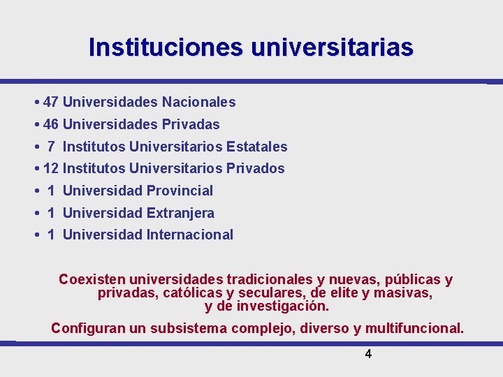 Instituciones universitarias • 47 Universidades Nacionales • 46 Universidades Privadas • 7 Institutos Universitarios