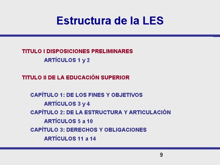 Estructura de la LES TITULO I DISPOSICIONES PRELIMINARES ARTÍCULOS 1 y 2 TITULO II