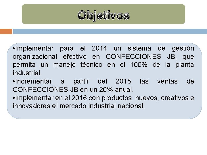 Objetivos • Implementar para el 2014 un sistema de gestión organizacional efectivo en CONFECCIONES Objetivos • Implementar para el 2014 un sistema de gestión organizacional efectivo en CONFECCIONES