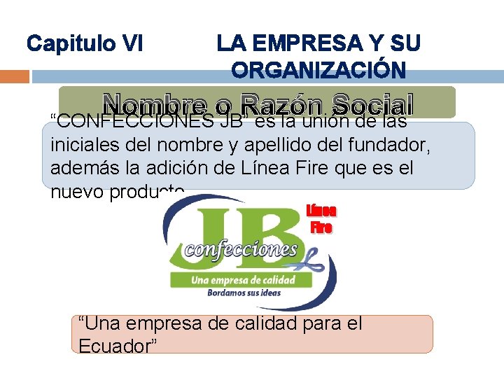 Capitulo VI LA EMPRESA Y SU ORGANIZACIÓN Nombre o Razón Social “CONFECCIONES JB” es Capitulo VI LA EMPRESA Y SU ORGANIZACIÓN Nombre o Razón Social “CONFECCIONES JB” es