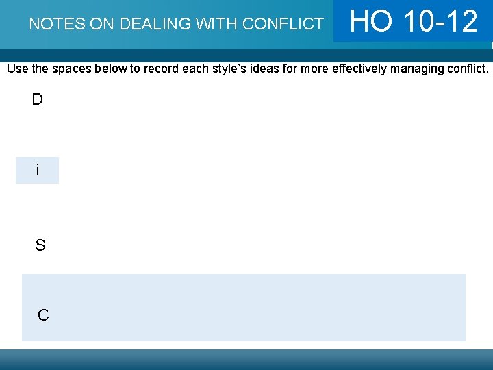 NOTES ON DEALING WITH CONFLICT HO 10 -12 Use the spaces below to record