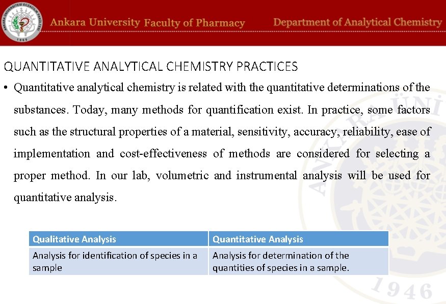 QUANTITATIVE ANALYTICAL CHEMISTRY PRACTICES • Quantitative analytical chemistry is related with the quantitative determinations