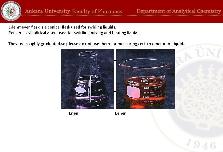 Erlenmeyer flask is a conical flask used for swirling liquids. Beaker is cylindirical dlask