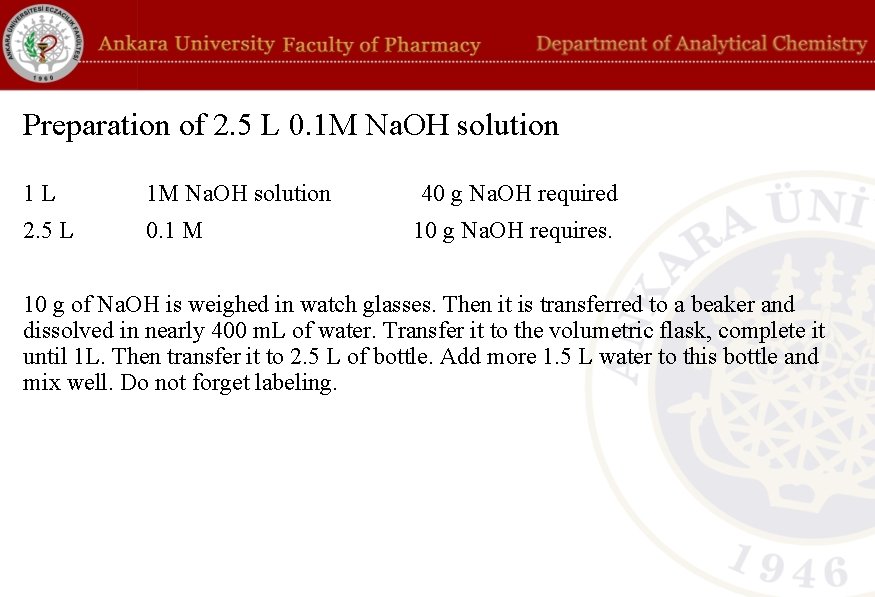 Preparation of 2. 5 L 0. 1 M Na. OH solution 1 L 1