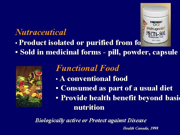 Nutraceutical • Product isolated or purified from foods • Sold in medicinal forms -