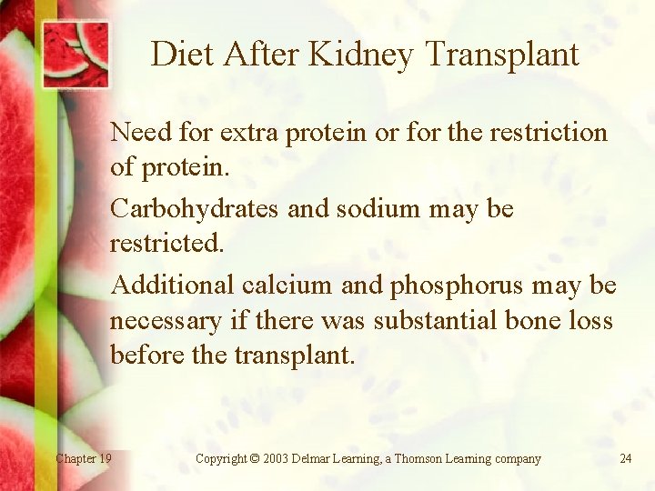 Diet After Kidney Transplant Need for extra protein or for the restriction of protein.