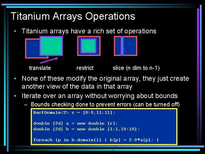 Titanium Arrays Operations • Titanium arrays have a rich set of operations translate restrict