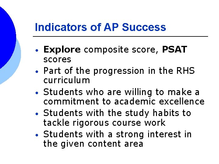 Indicators of AP Success • • • Explore composite score, PSAT scores Part of