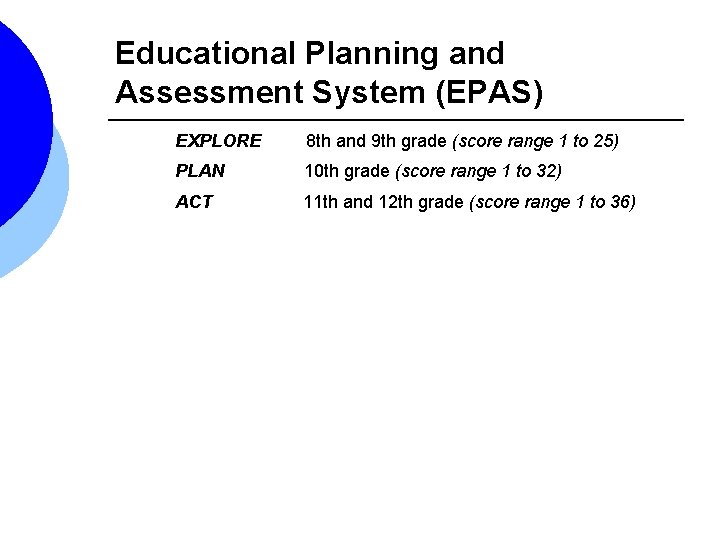Educational Planning and Assessment System (EPAS) EXPLORE 8 th and 9 th grade (score