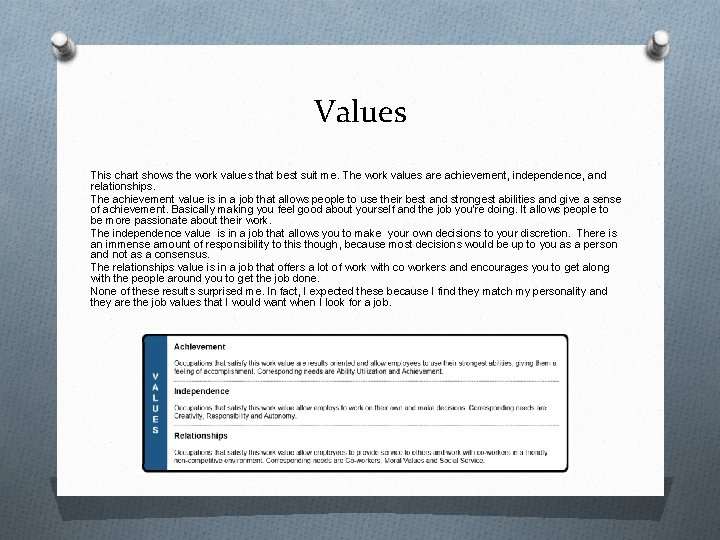 Values This chart shows the work values that best suit me. The work values