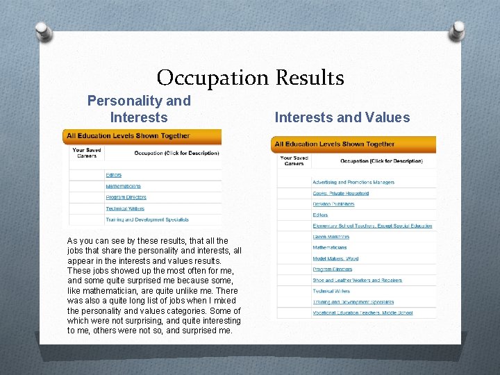 Occupation Results Personality and Interests As you can see by these results, that all