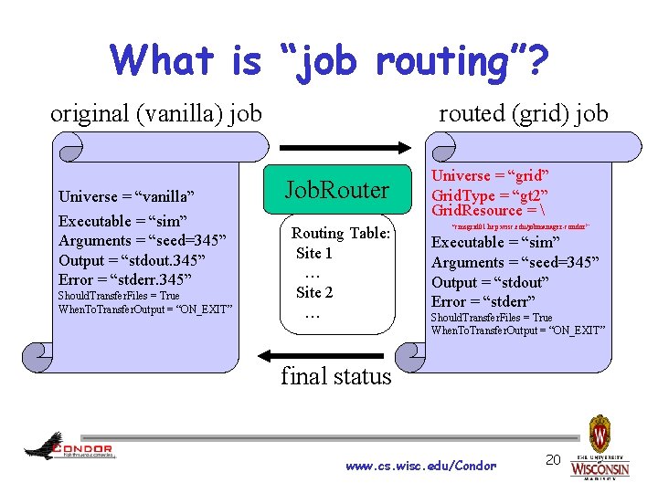 What is “job routing”? original (vanilla) job Universe = “vanilla” Executable = “sim” Arguments