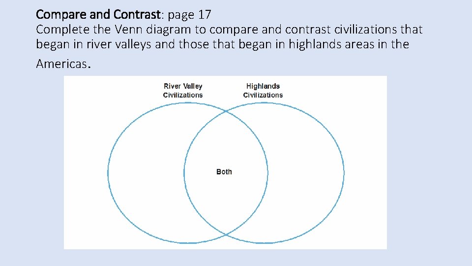 Compare and Contrast: page 17 Complete the Venn diagram to compare and contrast civilizations