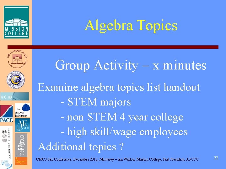 Algebra Topics Group Activity – x minutes Examine algebra topics list handout - STEM