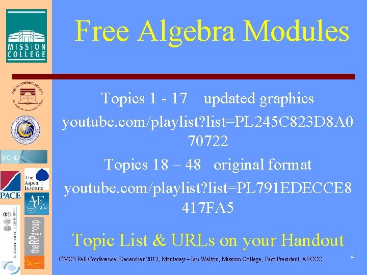 Free Algebra Modules Topics 1 - 17 updated graphics youtube. com/playlist? list=PL 245 C