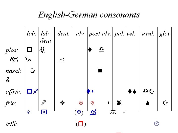 English-German consonants lab- dent. alv. post-alv. pal. vel. dent plos: p b t d