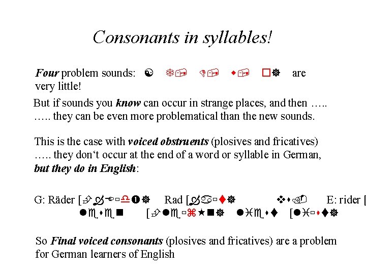 Consonants in syllables! Four problem sounds: , , w, ] are very little! But