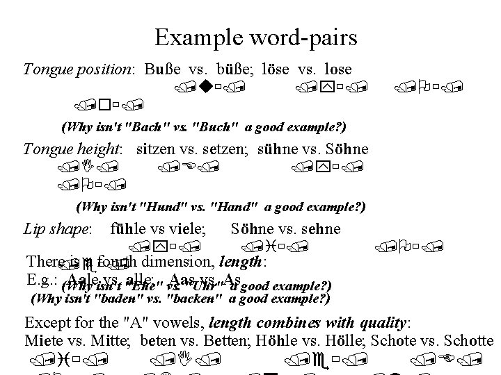 Example word-pairs Tongue position: Buße vs. büße; löse vs. lose /u / /y /