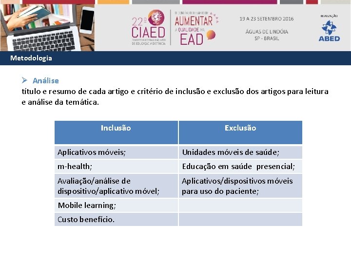 Metodologia Ø Análise título e resumo de cada artigo e critério de inclusão e