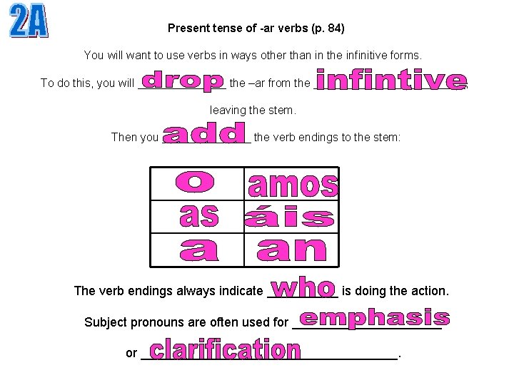 Present tense of -ar verbs (p. 84) You will want to use verbs in