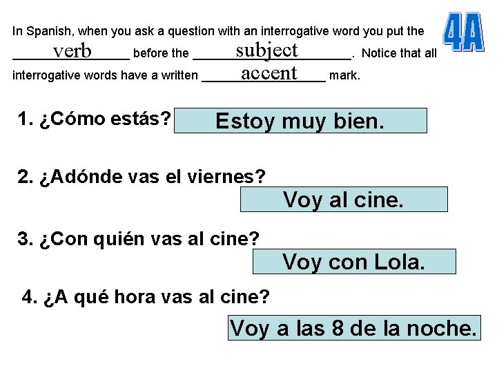 In Spanish, when you ask a question with an interrogative word you put the